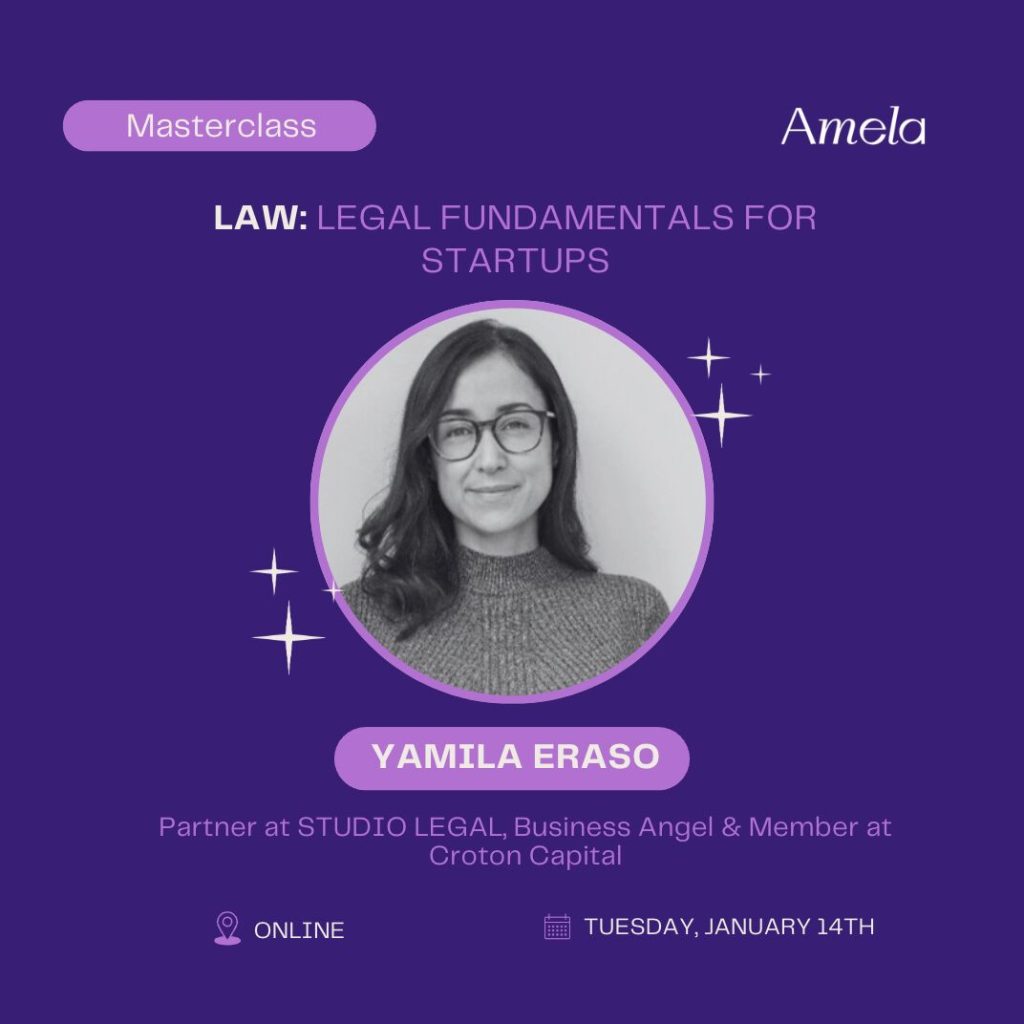 Flyer morado que describe que este martes 14 de enero a las 12pm se dará la masterclass titulada "Legal Fundamentals for Startups" a cargo de Yamila Eraso, Partner at STUDIO LEGAL