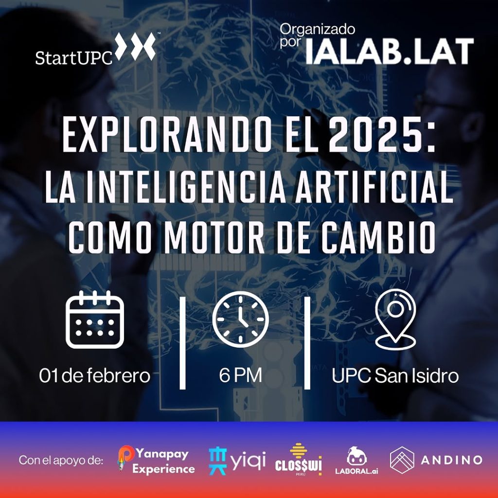 Flyer a color negro, azul, rojo y blanco del evento presencial denominado "Explorando el 2025 - La Inteligencia Artificial como motor de cambio"