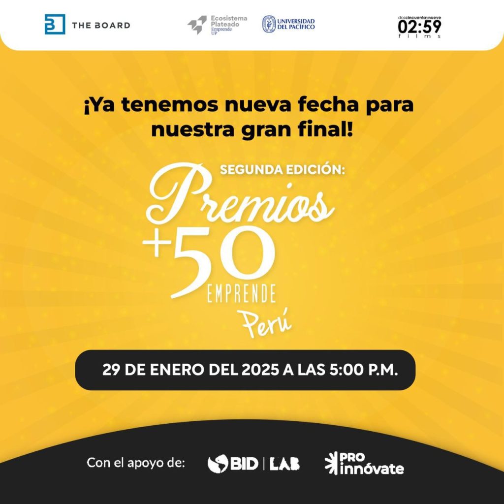 Flyer a color amarillo, blanco y negro del evento presencial denominado "Gran Final Premio +50 Emprende Perú II Edición"