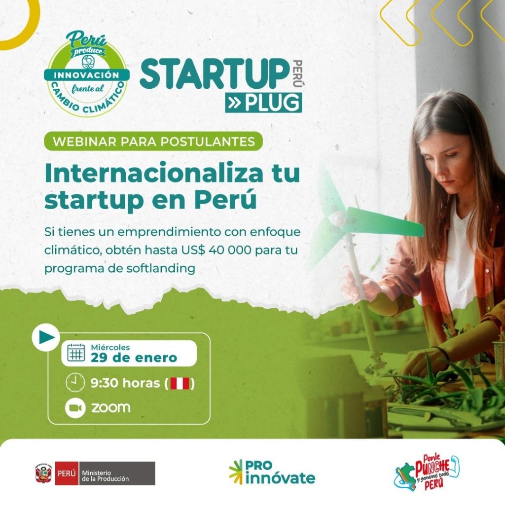 Flyer a color cuyo título indica "Internacionaliza tu startup en Perú"