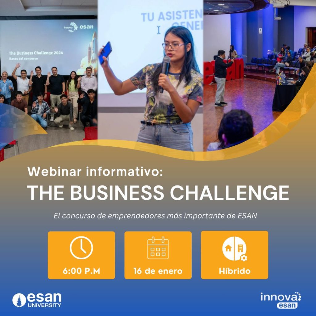 Flyer a color del evento híbrido "Th Business Challenge 2025" organizado por la incubadora de negocios "Innova ESAN"