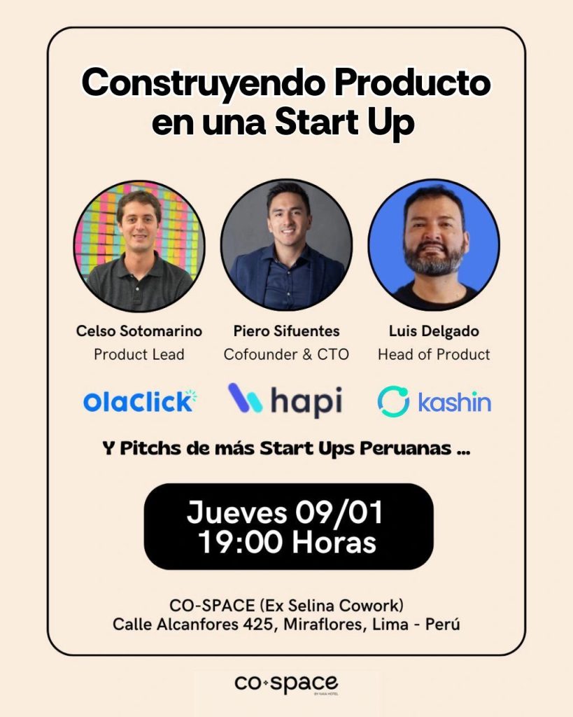 Flyer a color del evento presencial "Construyendo Producto en una Start Up"