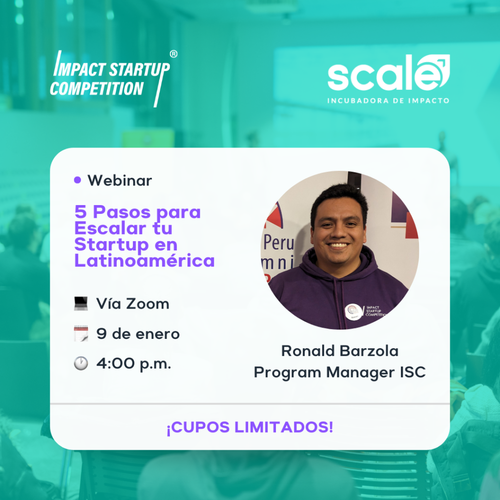 Flyer a color del webinar llamado "5 Pasos para Escalar tu Startup en Latinoamérica"