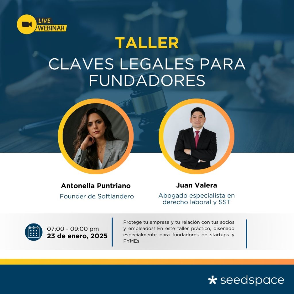 Flyer a color del taller online "Claves Legales para Startups"