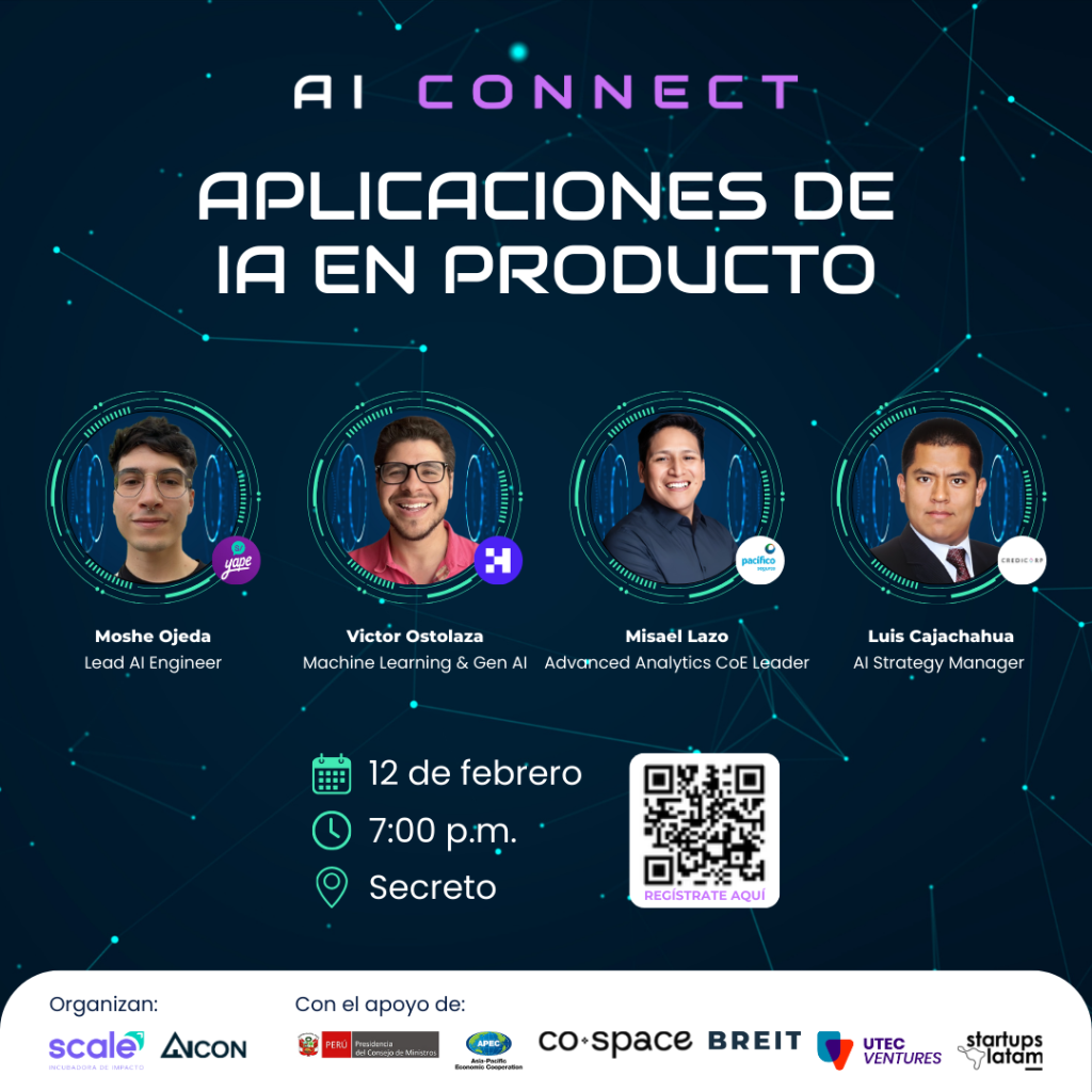 Flyer a color del evento presencial denominado "Aplicación de IA en Producto" indicando a los 4 speakers que lo dirijirán
