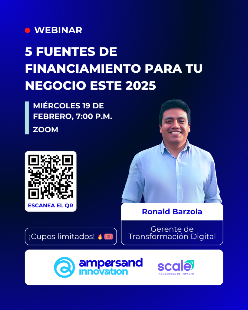 Flyer vertical a color del Webinar "5 Fuentes de Financiamiento para tu MYPE este 2025"