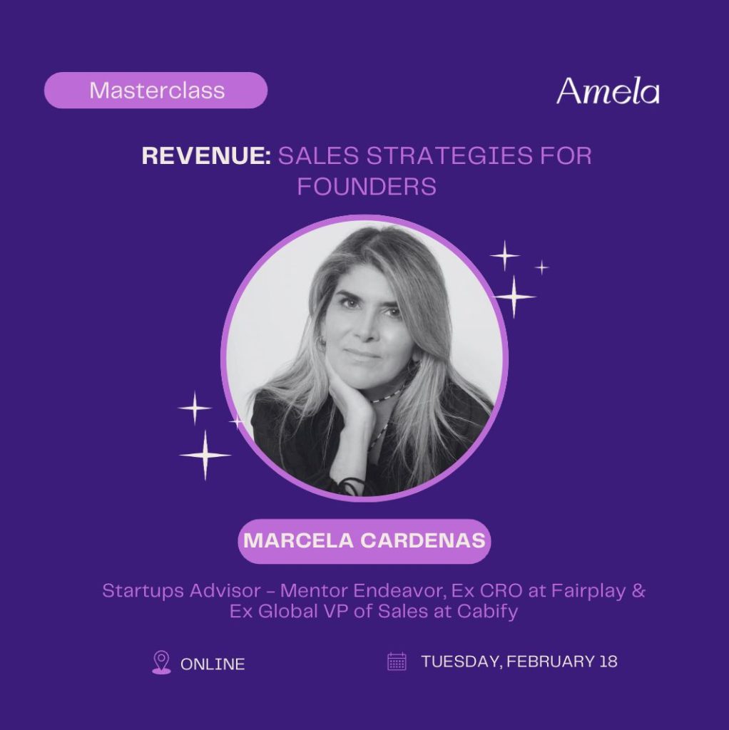 Flyer a color morado y lila de la masterclass llamada "Sale Strategies for Founders" de la marca Amela