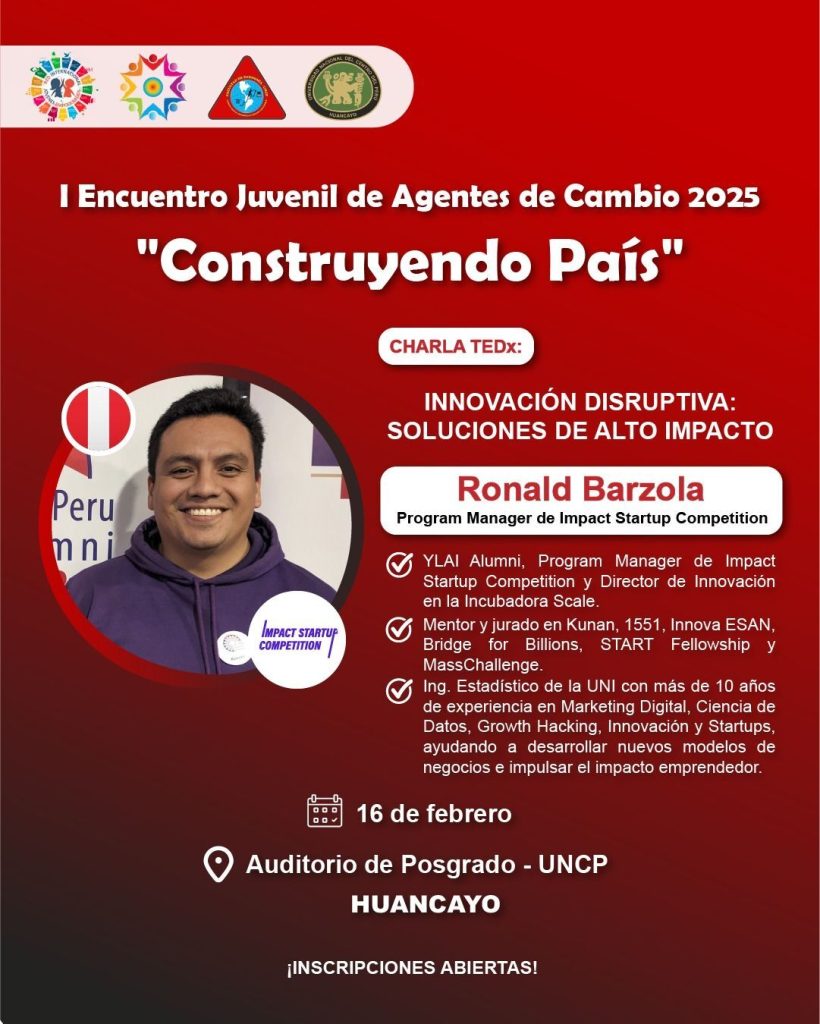 Flyer a color de fondo rojo vino de fondo de la Charla TEDx "Innovación Disruptiva: Soluciones de Alto Impacto" a cargo de Ronald Barzola