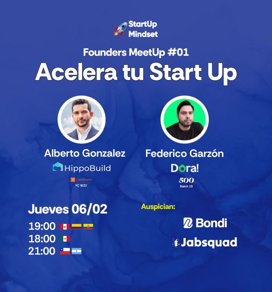 Flyer a color de fondo azul de la charla online "Founders MeetUP: Acelera tu Start Up"