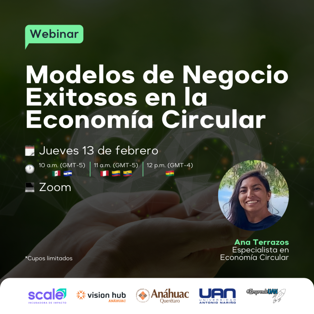Flyer a color del webinar "Modelos de Negocio Exitosos en la Economía Circular"