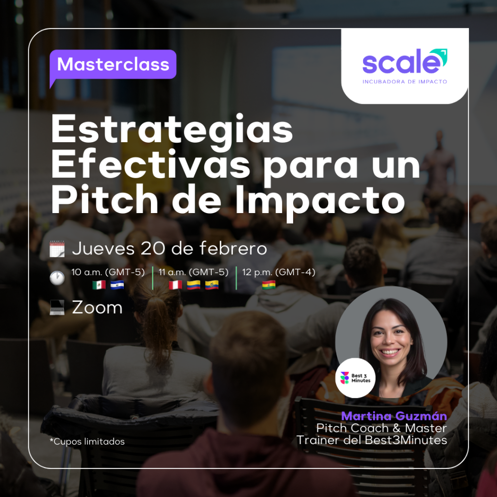 Flyer a color de la Masterclass "Estrategias efectivas para un pitch de impacto"
