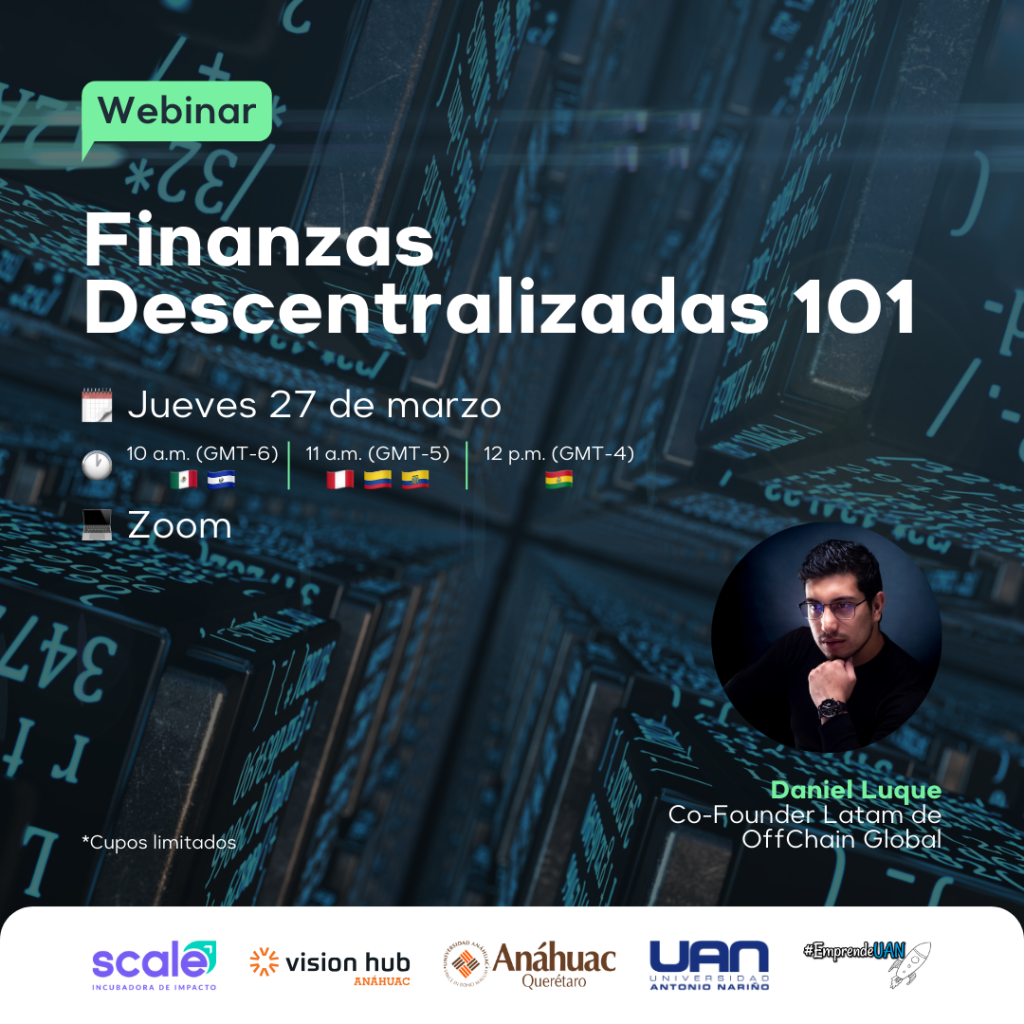 Flyer del Webinar "Finanzas Descentralizadas 101"