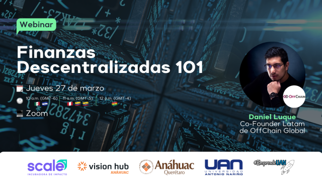Flyer de webinar: Finanzas Descentralizadas 101