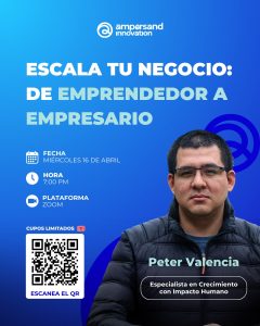 Flyer de color azul cuyo título dice "Webinar: Escala tu Negocio: De Emprendedor a Empresario"