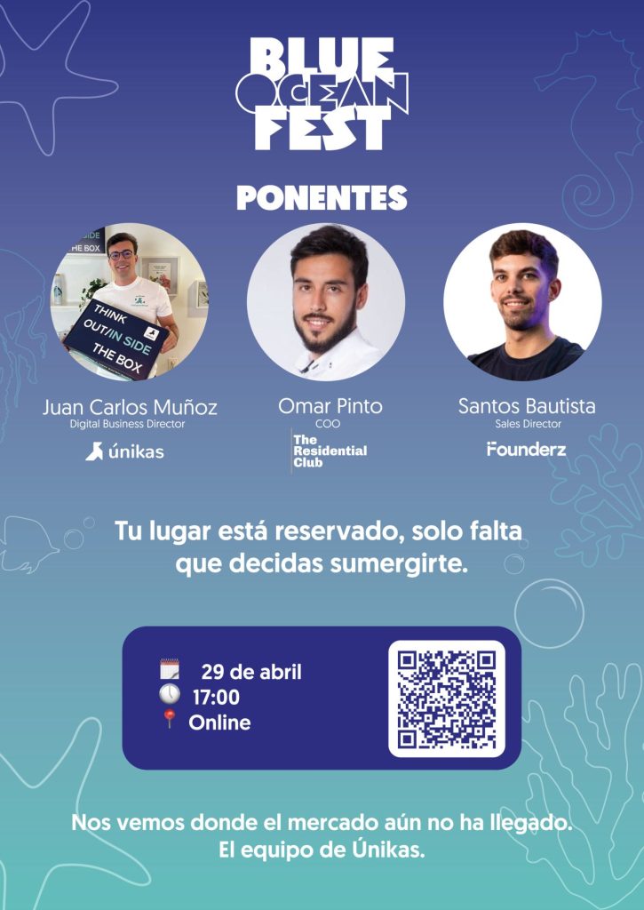 Flyer de evento online de marketing, ventas y fidelización cuyo título dice "Blue Ocean Fest"
