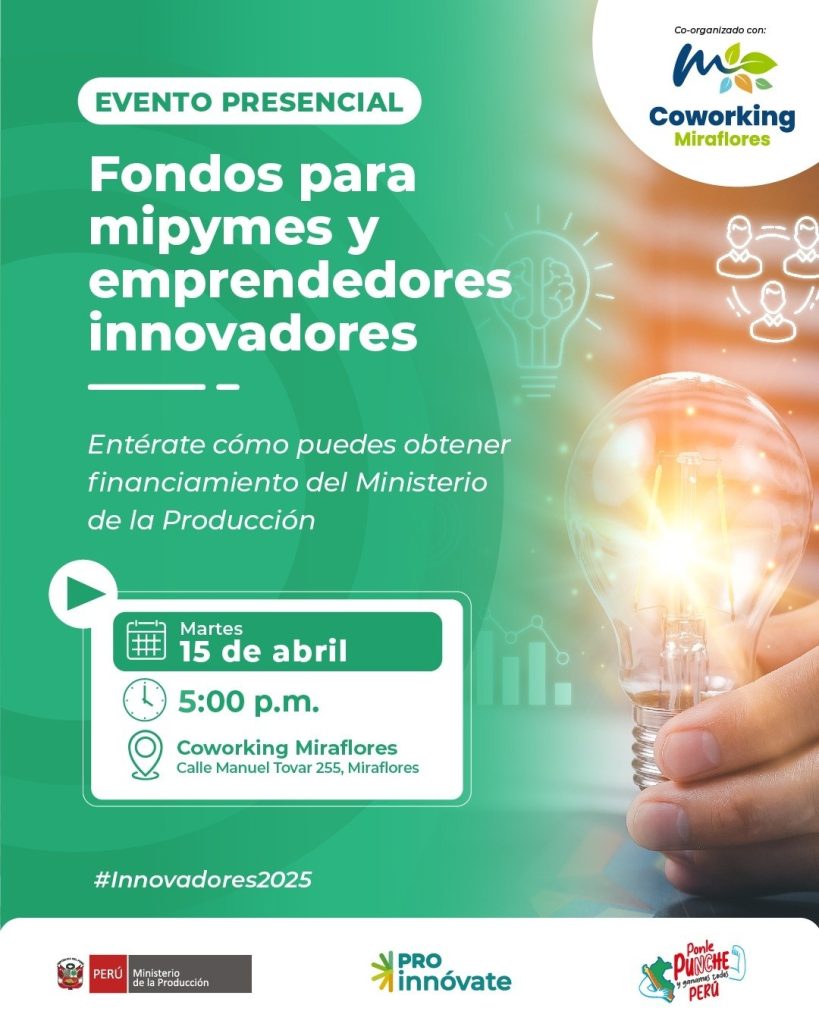 Flyer minamalista color verde con el título "Evento Presencial Lima: Fondos para mipymes y emprendedores innovadores"