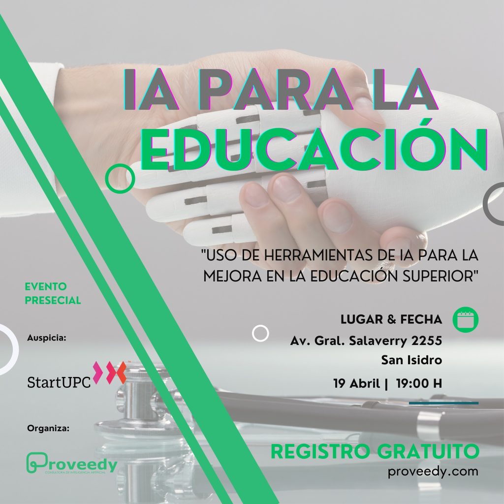 Flyer de color blanco transparente y verde cuyo título dice "Evento Presencial: IA para la Educación"