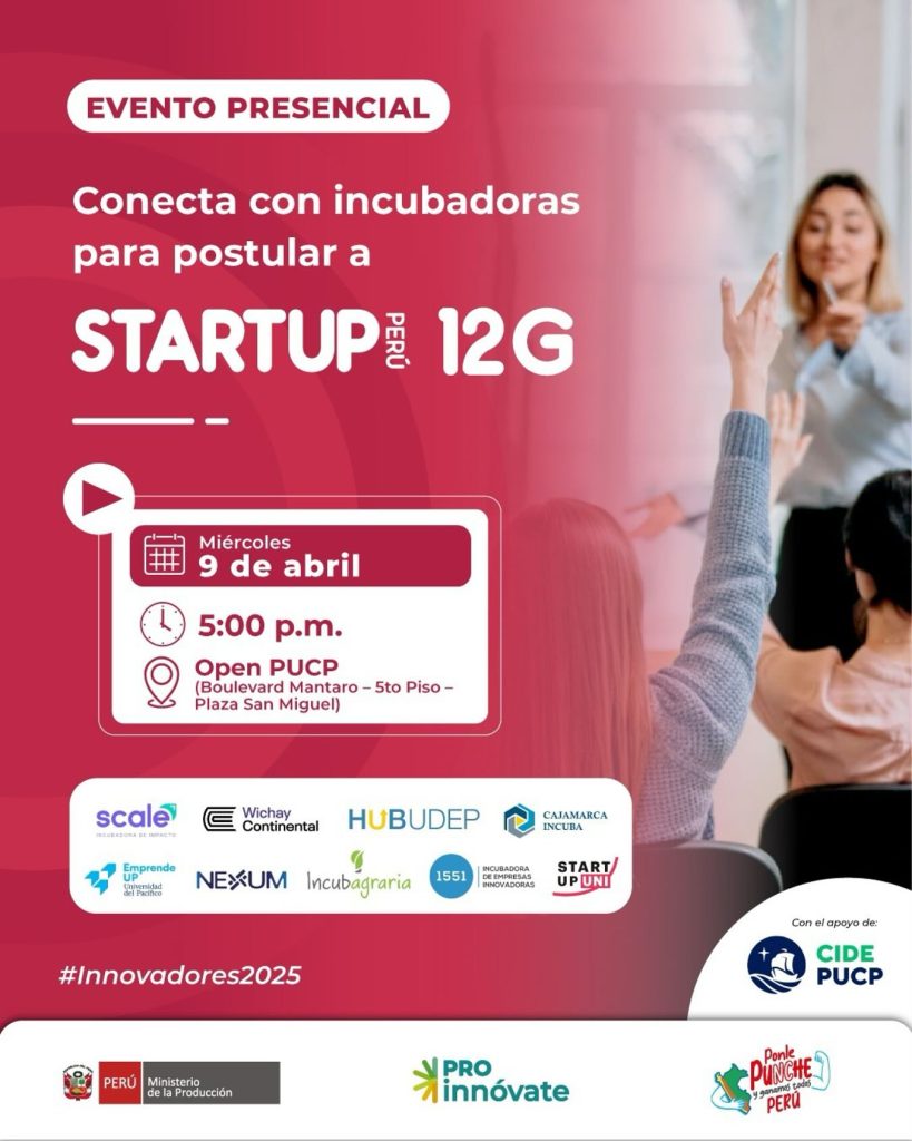 Flyer del evento presencial "Reverse Pitch StartUp Perú 12G"