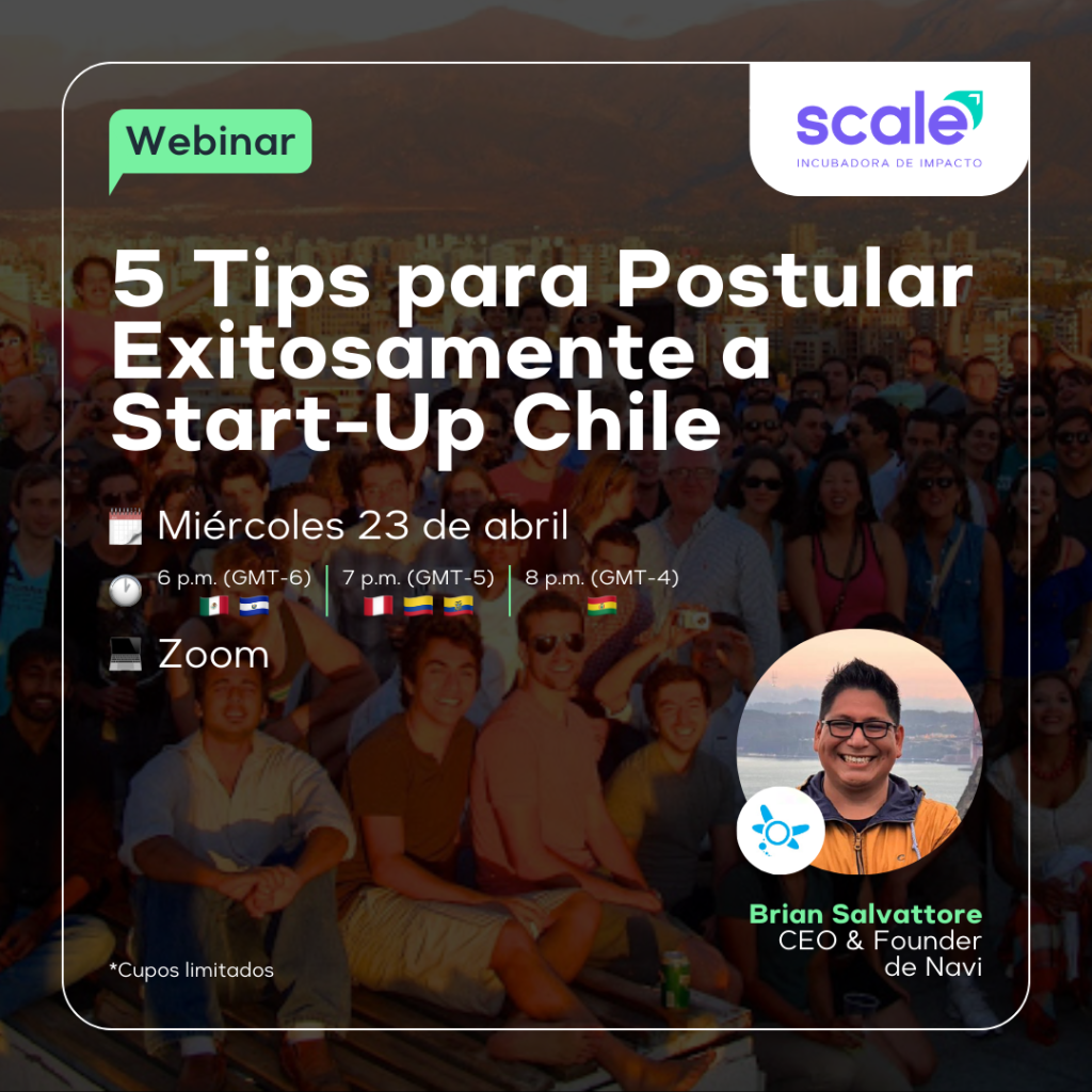 Flyer de un Webinar que dice en el título "5 Tips para Postular Exitosamente a Start-Up Chile"