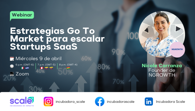 Portada Web - Webinar de fondo oscuro cuyo título "Estrategias Go To Market para escalar Startups SaaS" y que además cuenta con la foto de una mujer llamada Nicole Carranza que es Founder de NGROWTH