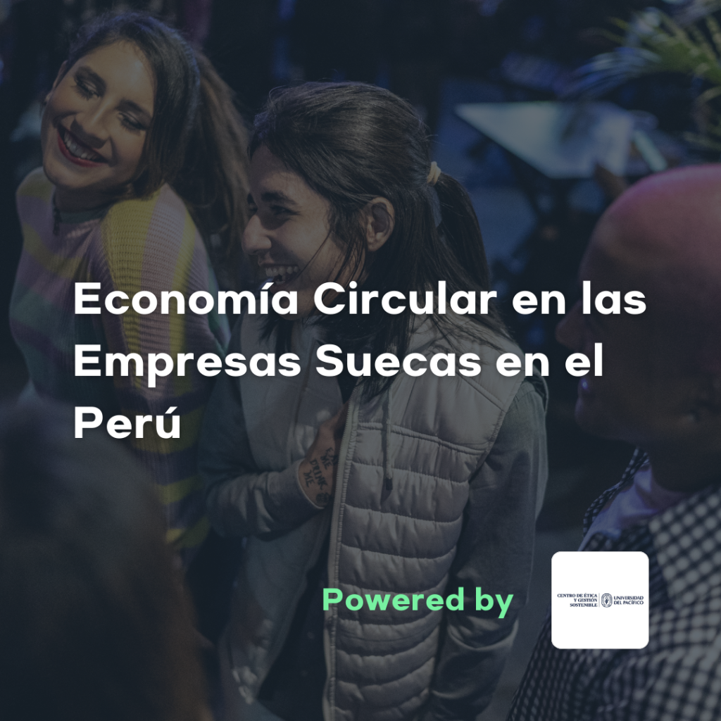 Flyer de fondo oscuro cuyo título dice "Economía Circular en las Empresas Suecas en el Perú"