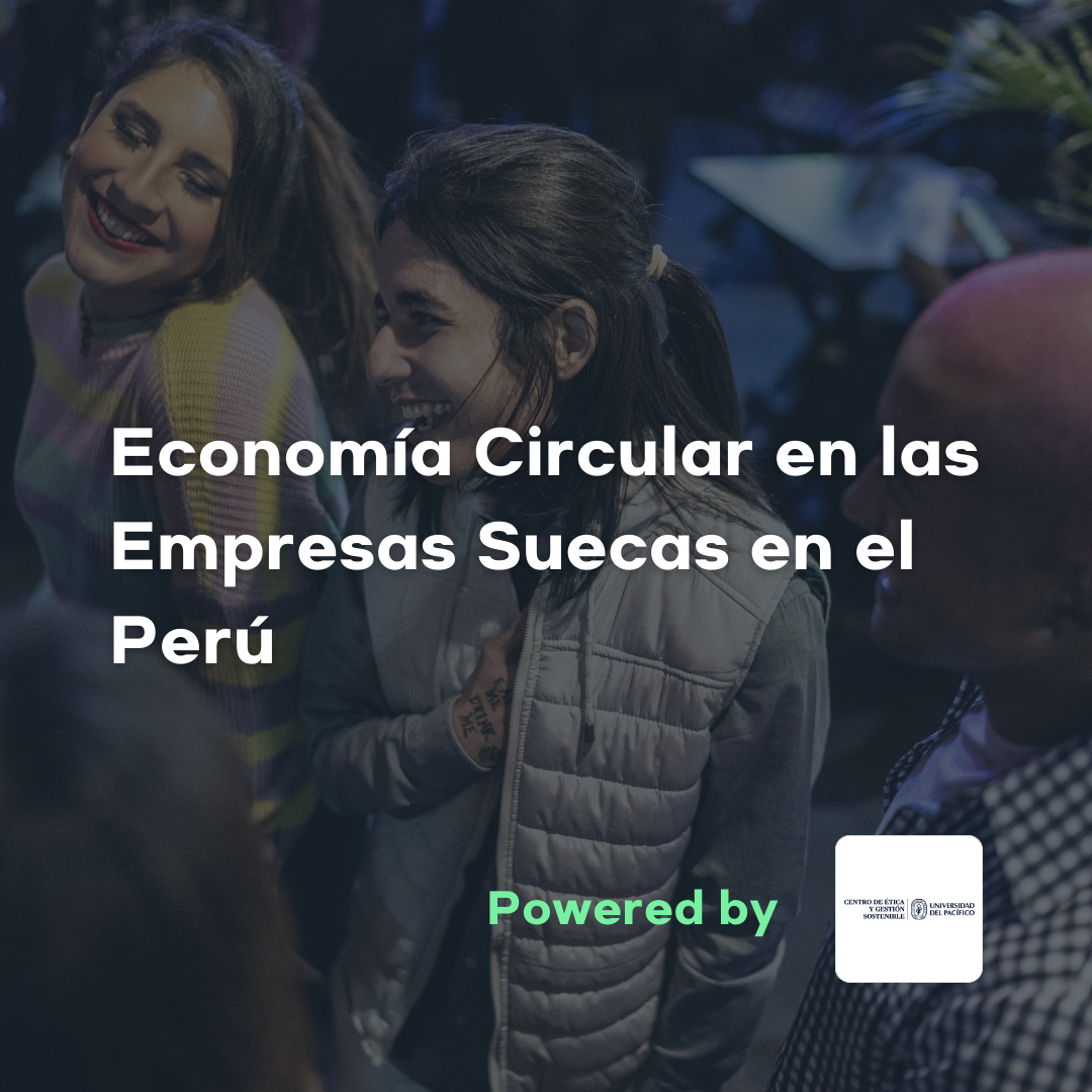 Flyer de fondo oscuro cuyo título dice "Economía Circular en las Empresas Suecas en el Perú"