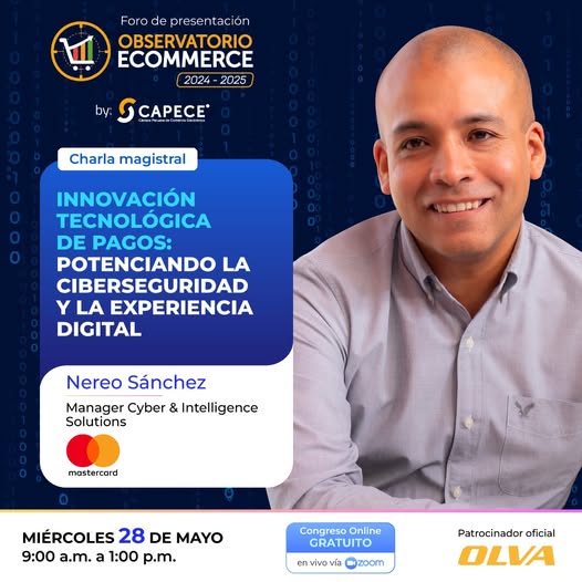 Flyer de fondo azul cuyo título dice "Charla Magistral: Innovación Tecnológica de Pagos: Potenciando la Ciberseguridad y la Experiencia Digital"