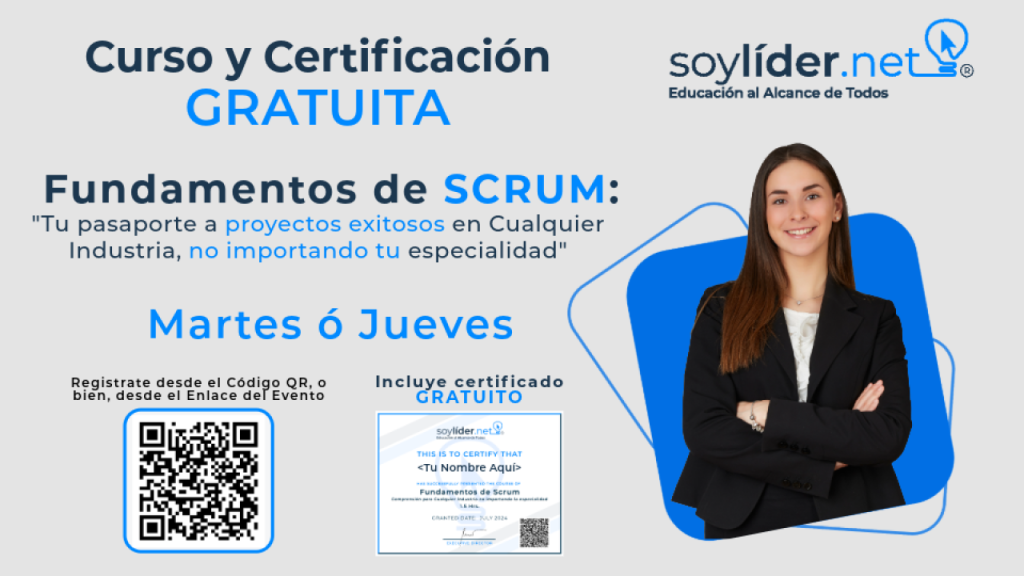 Flyer de fondo gris cuyo título dice "Curso GRATUITO -Fundamentos de SCRUM"