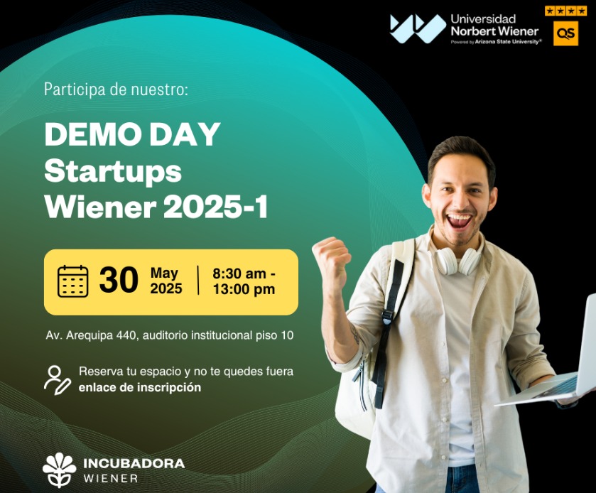 Flyer de fondo oscuro con colores turquesa y amarillo claro cuyo título dice "Demo Day - Programa Startup Wiener"