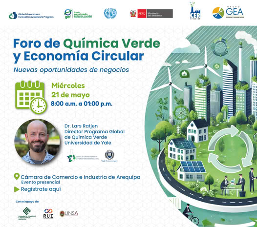 Flyer de fondo blanco y verde cuyo título título dice "Foro Química Verde y Economía Circular: Nuevas Oportunidades de Negocios"