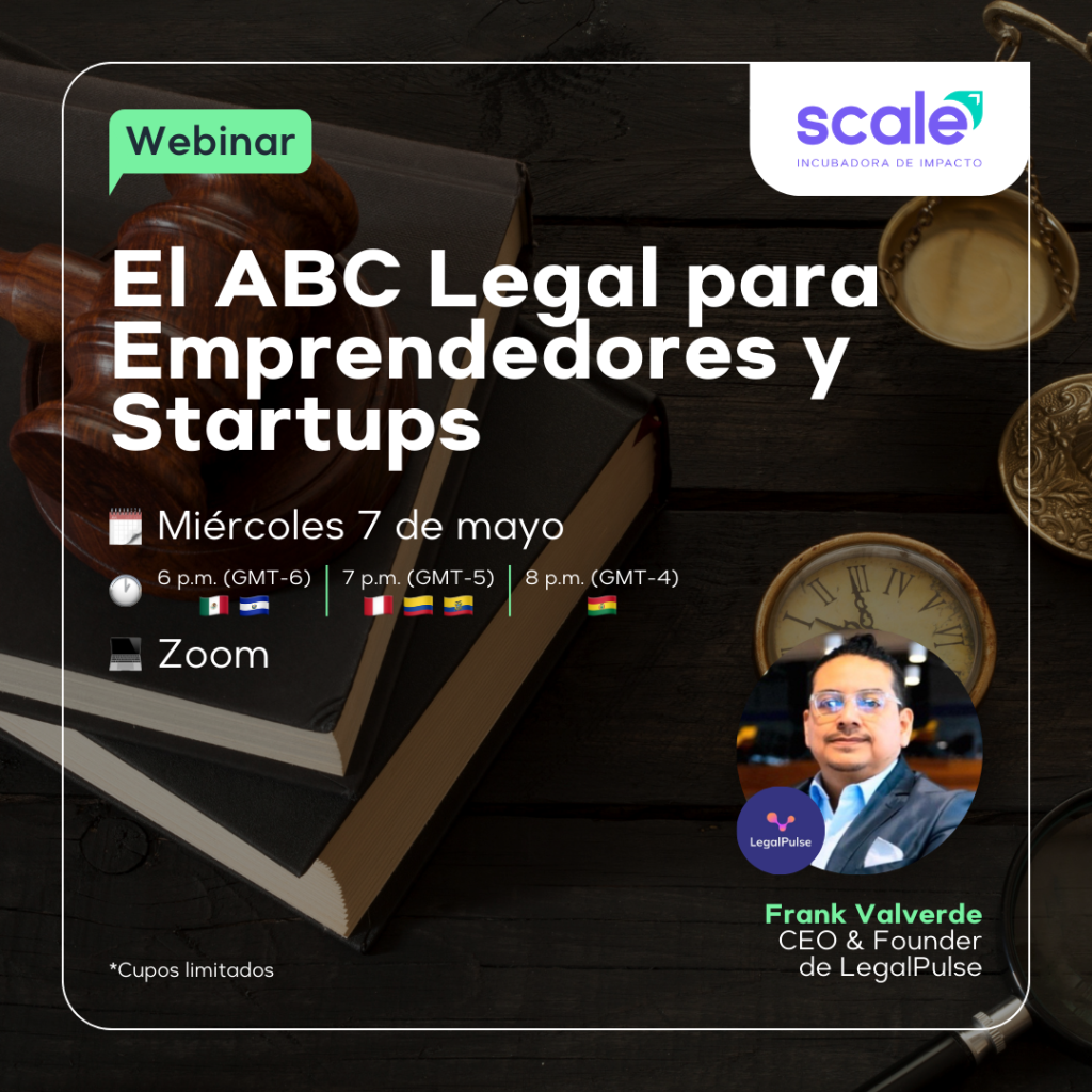 Flyer de fondo oscuro cuyo título dice "Webinar: El ABC Legal para Emprendedores y Startups"