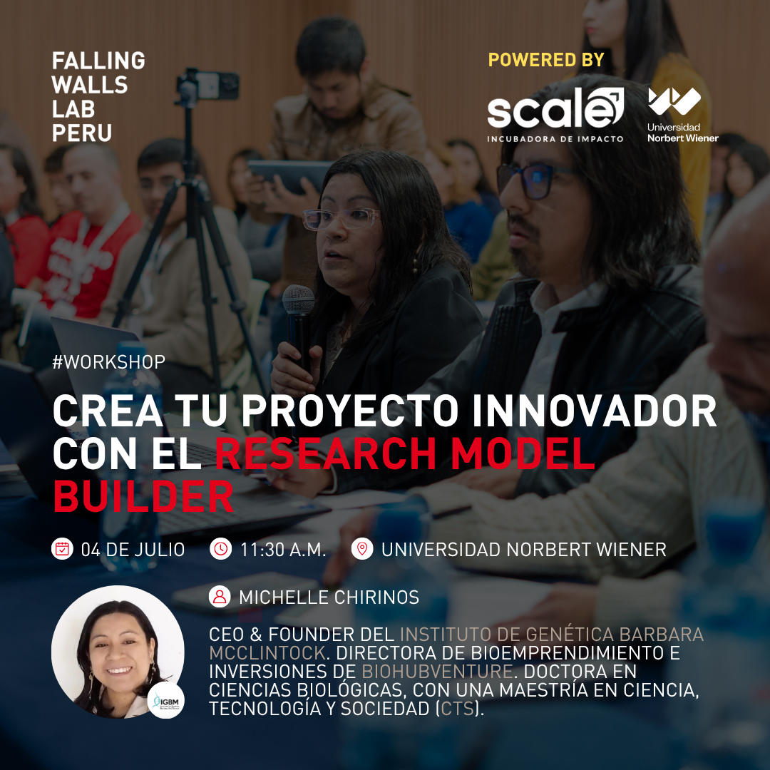 Flyer de color oscuro cuyo título dice "Workshop: Crea tu proyecto innovador con el Research Model Builder", el cual es de color blanco y rojo