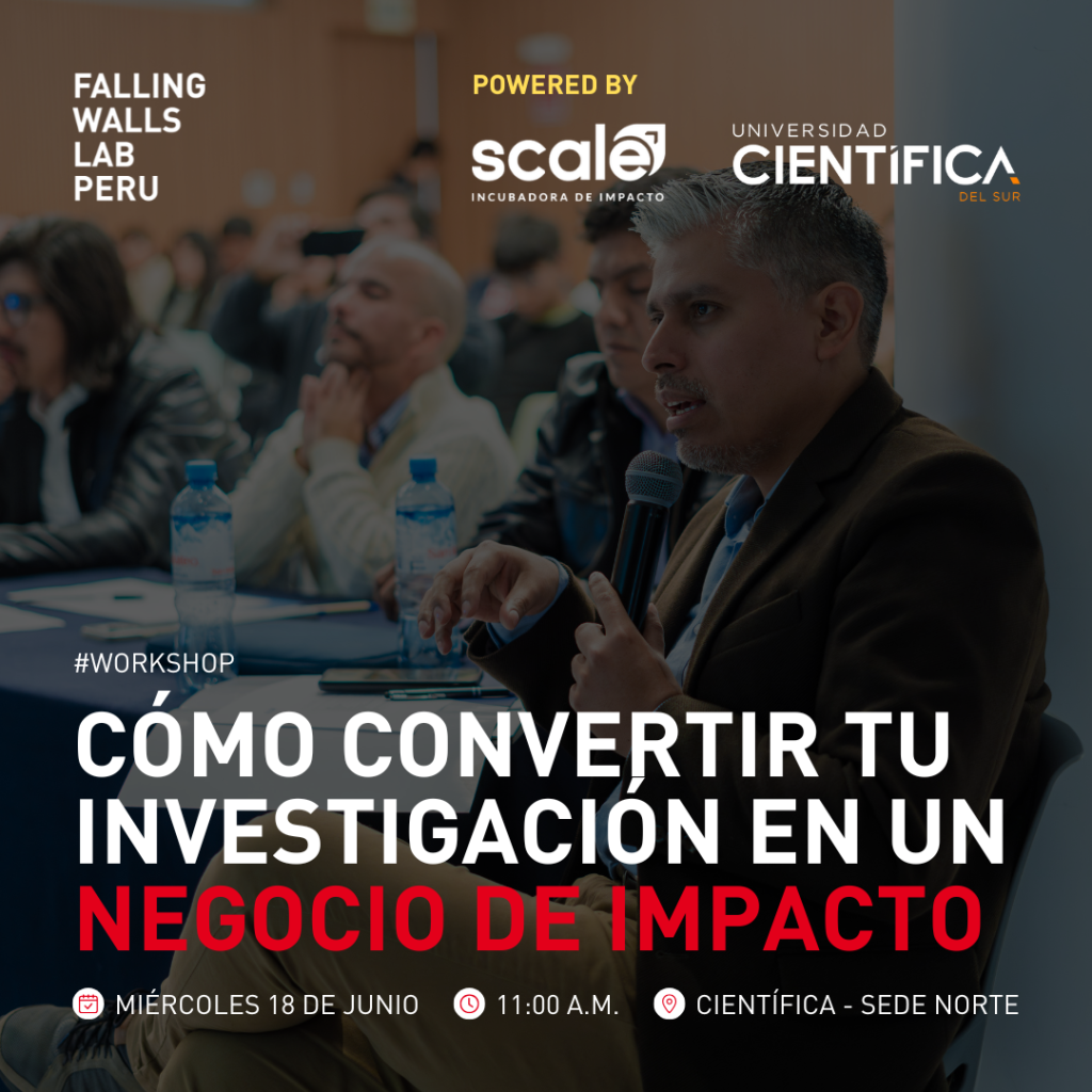 Flyer de fondo oscuro cuyo título dice "Workshop: Cómo convertir tu investigación en un negocio de impacto" en letras de color blanco y rojo