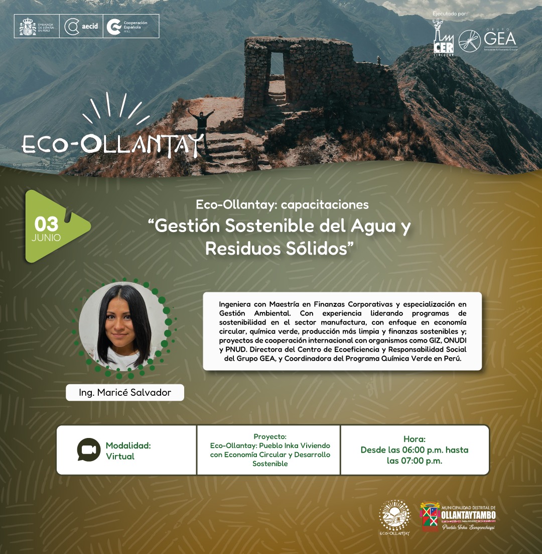 Flyer de fondo verde oscuro cuyo título dice "Capacitación: Gestión sostenible del agua y residuos sólidos"