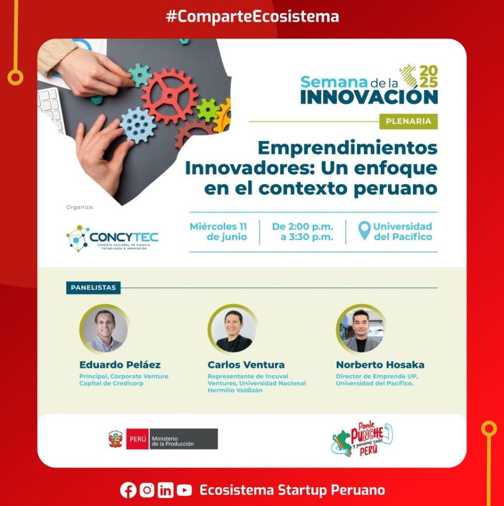 Flyer de fondo blanco cuyo título de color azul oscuro dice "Plenaria: Emprendimientos Innovadores: Un enfoque en el contexto peruano"