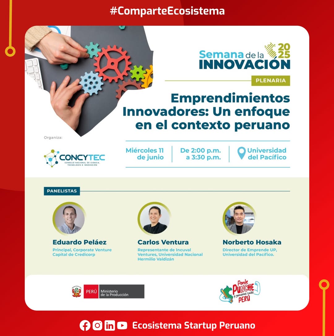 Flyer de fondo blanco cuyo título de color azul oscuro dice "Plenaria: Emprendimientos Innovadores: Un enfoque en el contexto peruano"