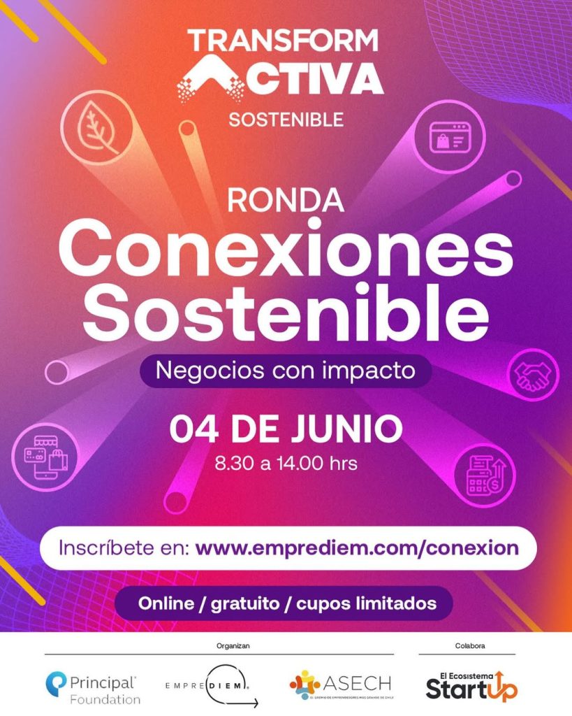Flyer de fondo color naranja como morado en degrade cuyo título dice "Ronda: Conexiones Sostenibles"