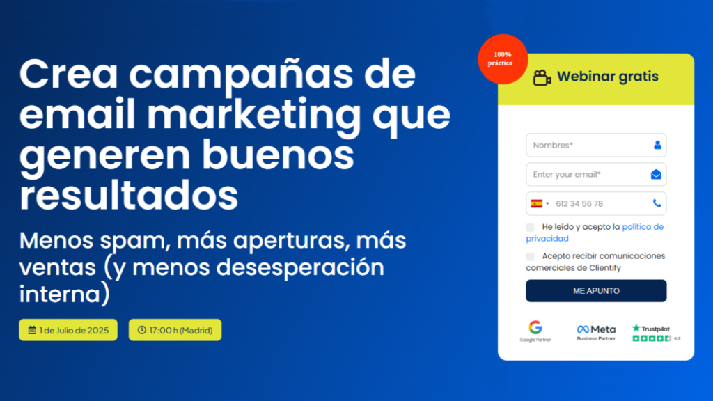 Flyer de fondo azul degrade cuyo título dice "Webinar: Crea campañas de email marketing que generen buenos resultados"