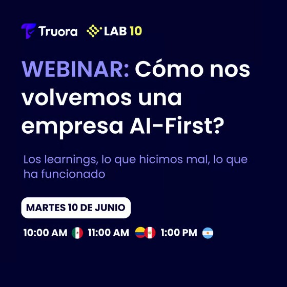 Flyer del Webinar de fondo morado oscuro cuyo título dice "Adopción de AI en Truora"