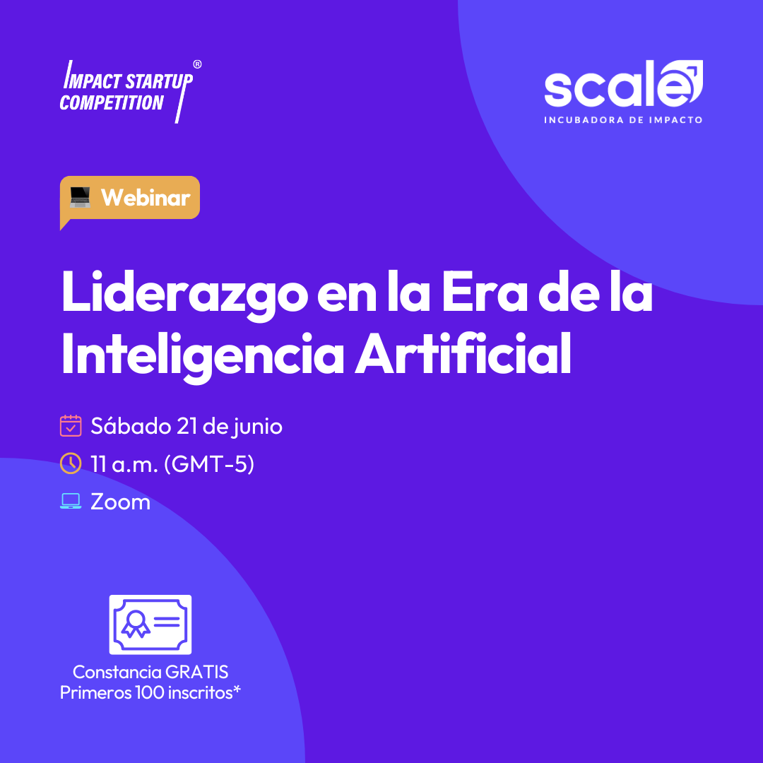 Flyer de fondo morado cuyo título dice "Webinar: Liderazgo en la Era de la Inteligencia Artificial"
