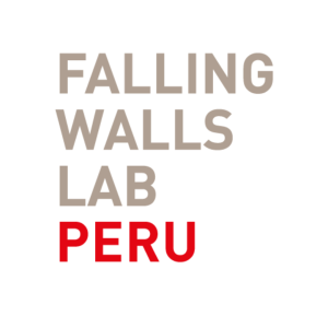 Logo de fondo blanco que en el centro dice en color marrón y rojo "Falling Walls Lab Peru"