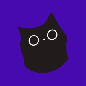 Logo de fondo azul morado oscuro que en el centro tiene el gráfico de un gato negro