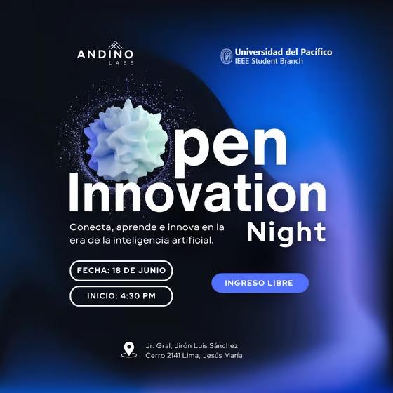 Flyerde fondo azul oscuro con degrade nregro cuyo título dice "Open Innovation Night : Innovación y I.A en Perú"