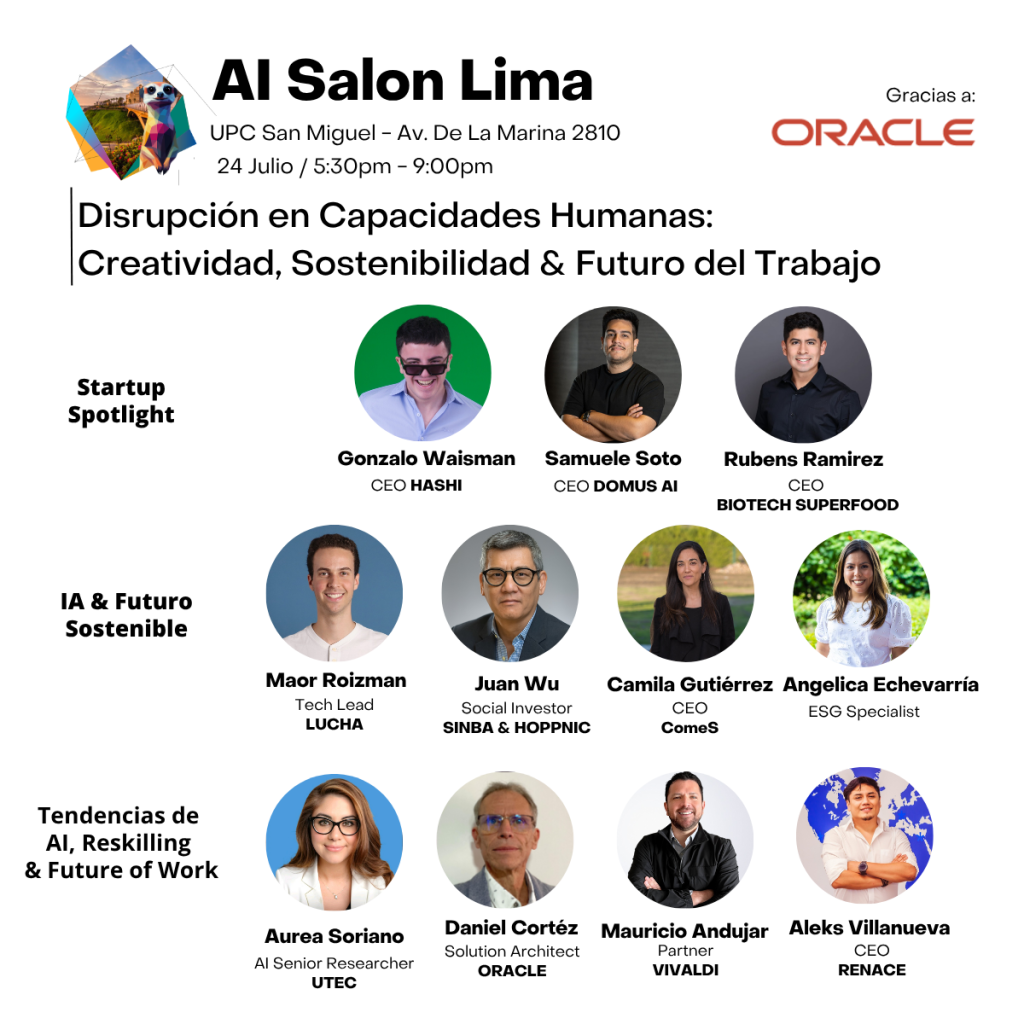 Flyer de fondo color blanco cuyo título de color negro dice "AI Salon Lima - Disrupción en Capacidades Humanas: Creatividad, Sostenibilidad & Futuro del Trabajo"