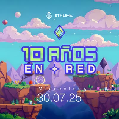 Flyer de fondo de paisaje con colores retro cuyo título dice "Ethereum Lima: 10 años en red"