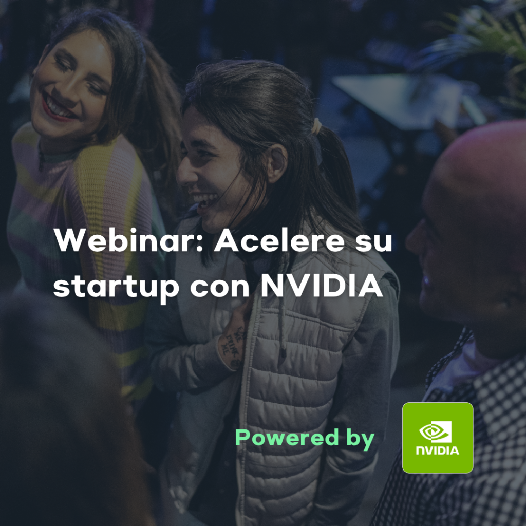 Flyer de fondo azul oscuro cuyo título dice "Webinar: Acelere su startup con NVIDIA​"