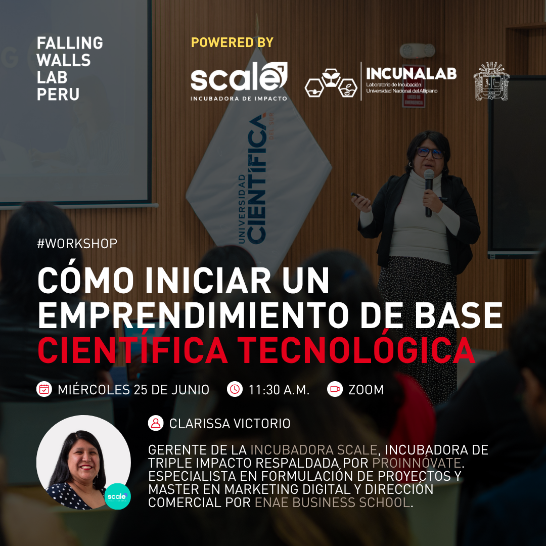 Flyer de fondo oscuro cuyo título dice "Workshop: Cómo iniciar un emprendimiento de base científica tecnológica", el cual es de color rojo y blanco