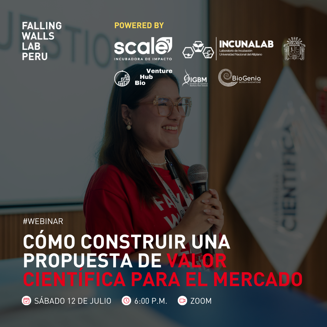 Flyer de fondo color oscuro cuyo título dice "Webinar: Cómo construir una propuesta de valor científica para el mercado" en color balnco y rojo