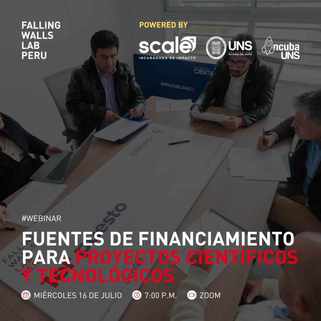 Flyer de fondo oscuro degrade cuyo título dice "Webinar: Fuentes de financiamiento para proyectos científicos y tecnológicos"