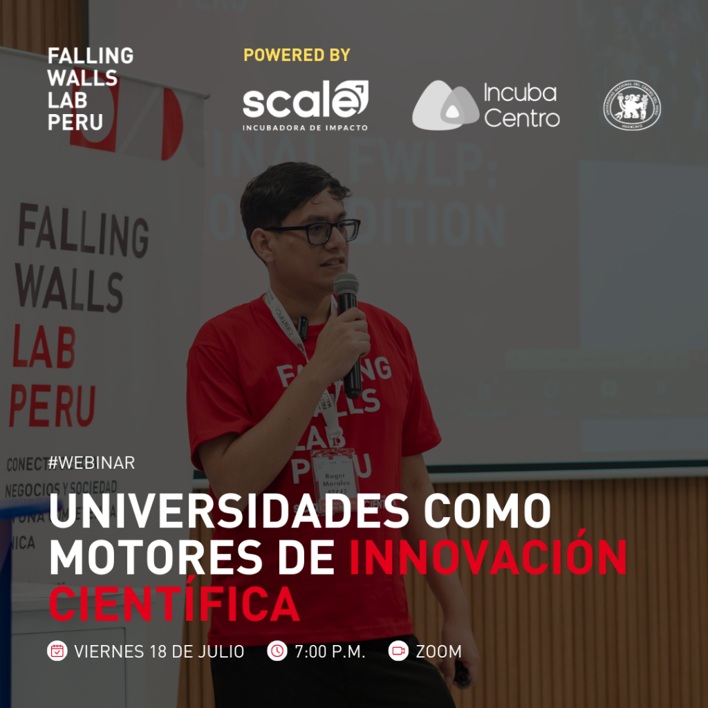 Flyer de fondo oscuro degrade cuyo título dice "Webinar: Universidades como motores de innovación científica"